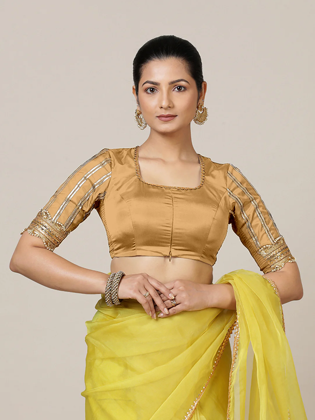 Aziza x Tyohaar | Elbow Sleeves Saree Blouse in Gold - Image 8