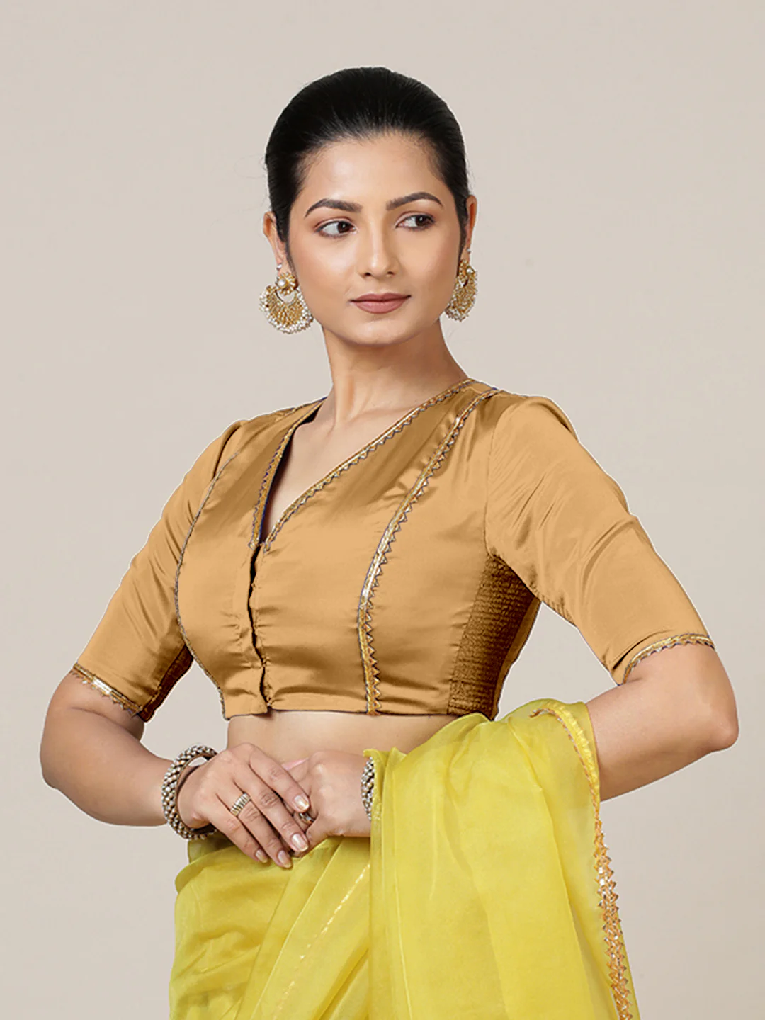Begum x Tyohaar | Elbow Sleeves Saree Blouse in Gold - Image 7