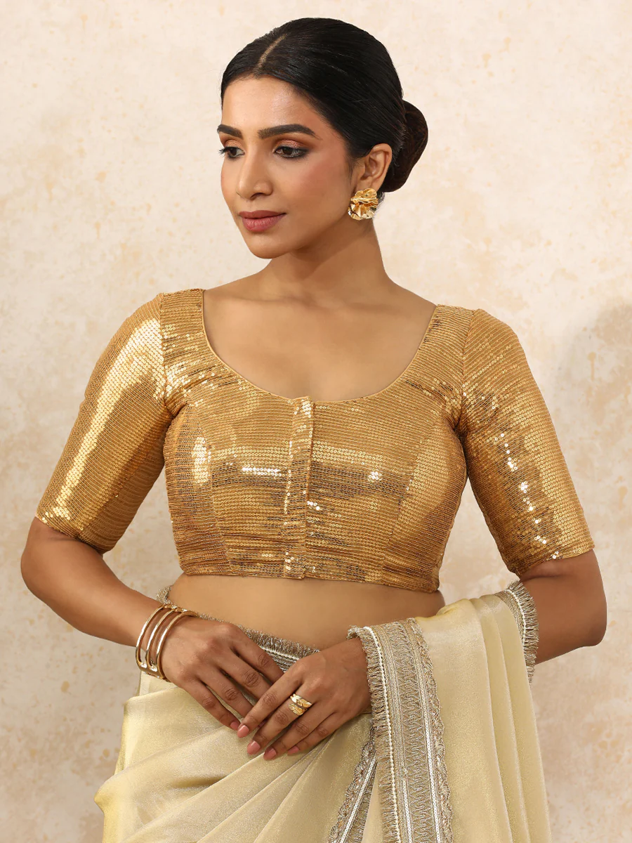 Noreen x Tyohaar | Elbow Sleeves Gold Sequined Saree Blouse with Round Neck - Image 5