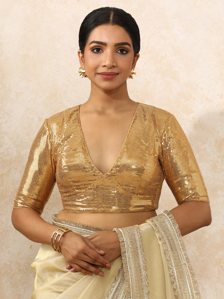 Shireen x Tyohaar | Elbow Sleeves Gold Sequined Saree Blouse with Plunging V-Neck - Image 5