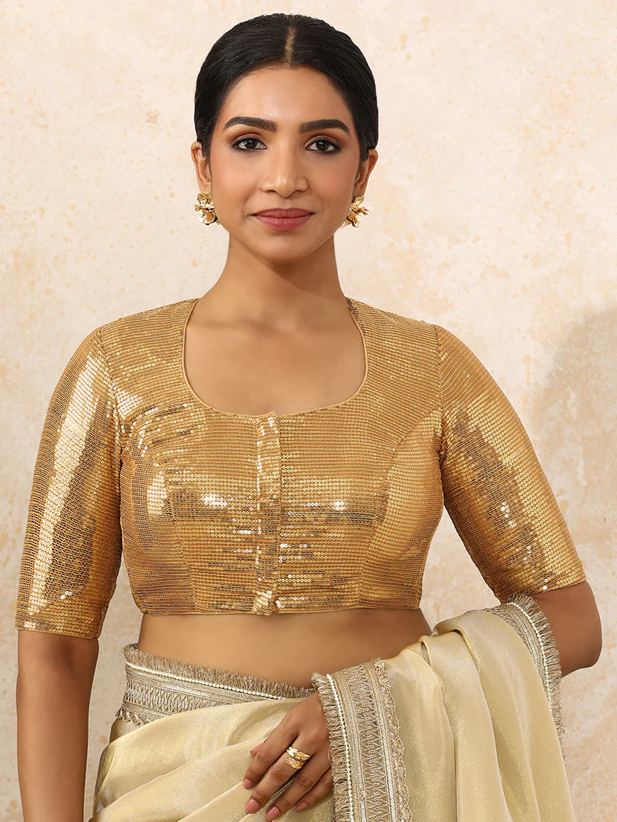 Yashvi x Tyohaar | Elbow Sleeves Gold Sequined Saree Blouse with Pot Neck - Image 8