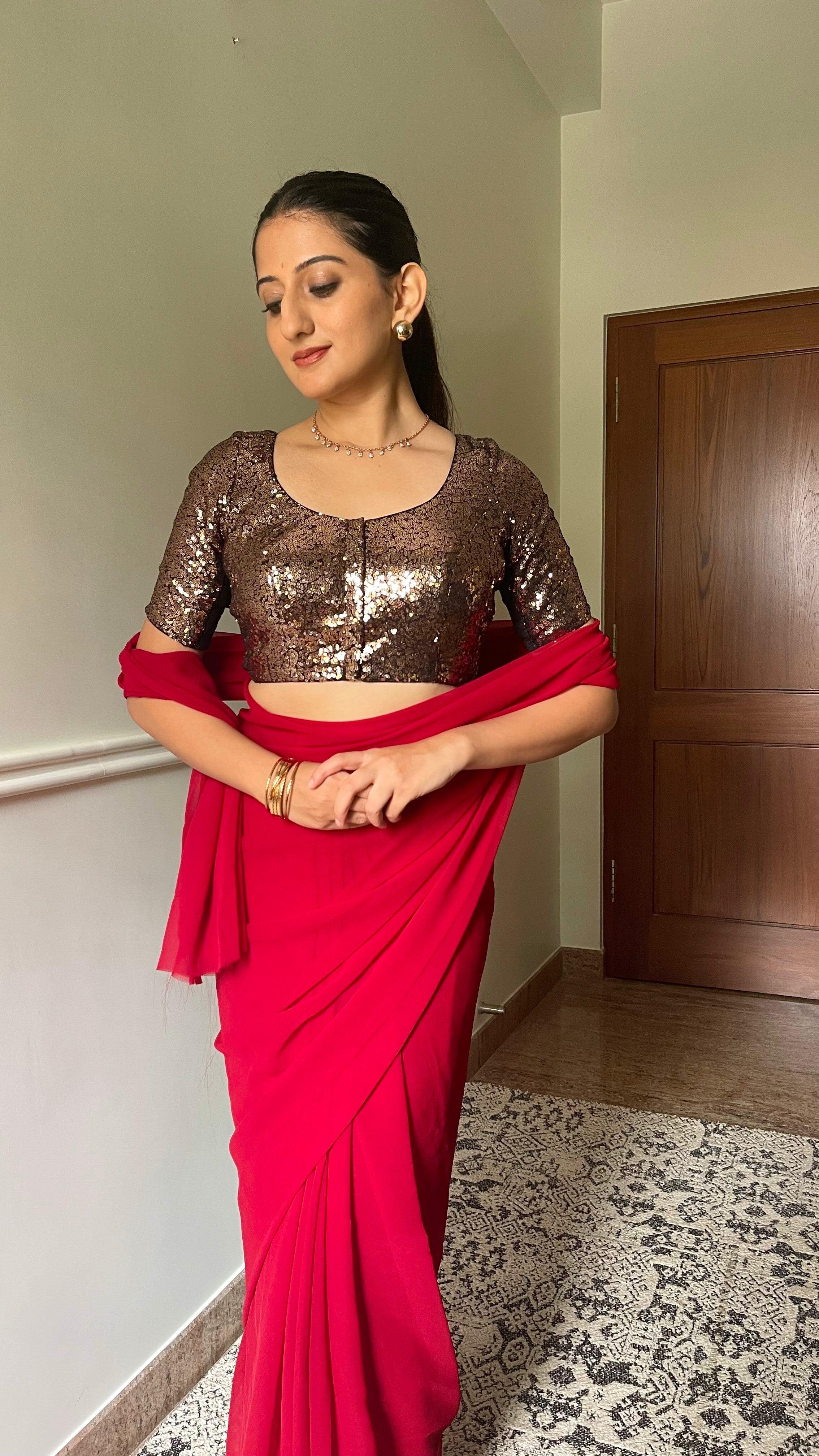 Geet x Tyohaar | Elbow Sleeves Black & Gold Sequined Shimmer Saree Blouse with Round Neck - Image 6