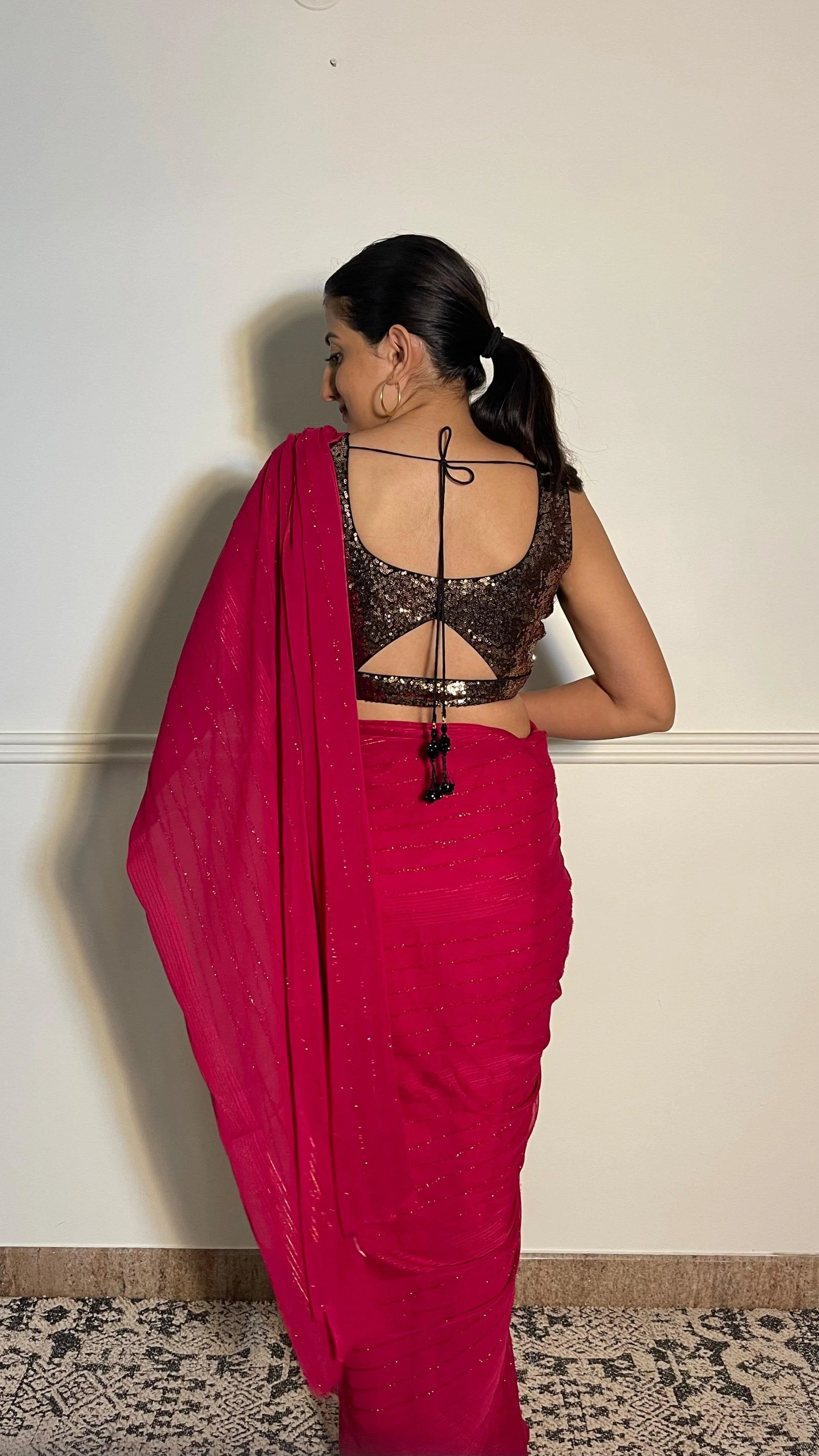 Jhanvi x Tyohaar | Sleeveless Black & Gold Sequined Saree Blouse with Sweetheart Neck - Image 13