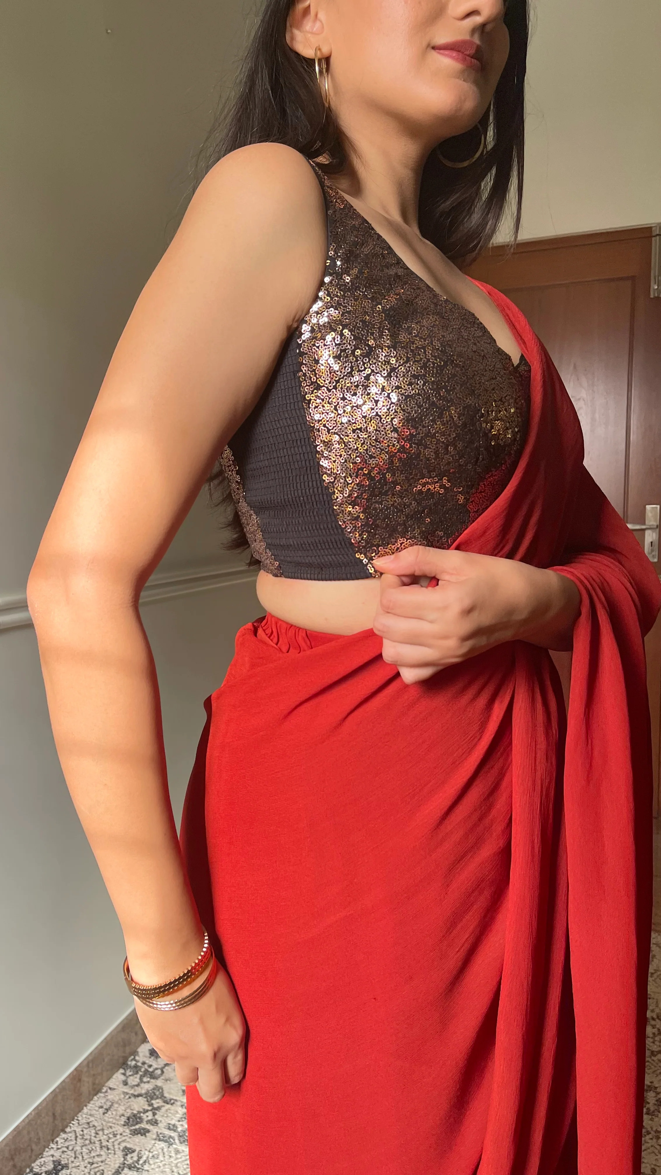 Kanika x Tyohaar | Sleeveless Black & Gold Sequined Saree Blouse with Sweetheart Neck - Image 3