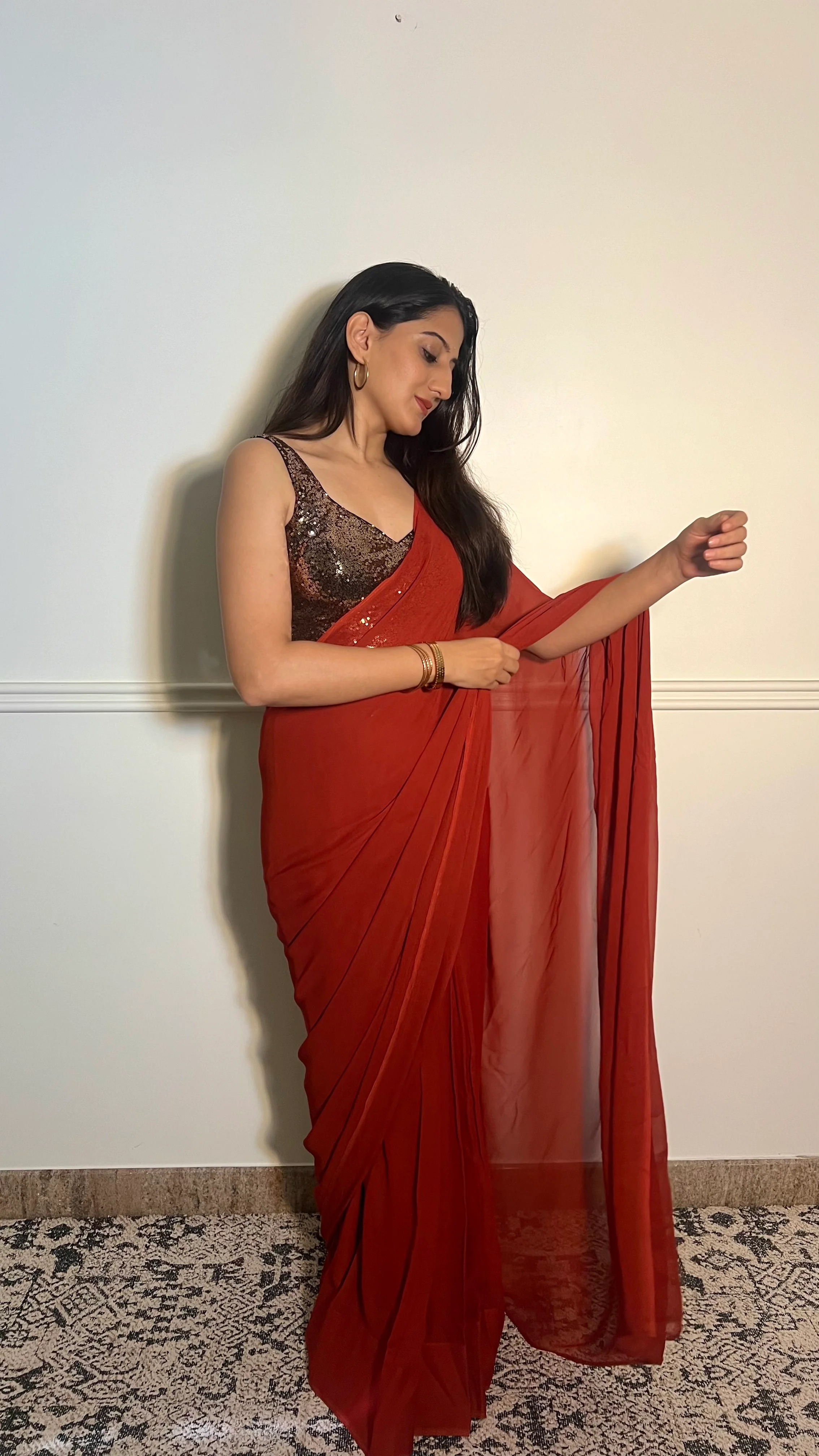 Kanika x Tyohaar | Sleeveless Black & Gold Sequined Saree Blouse with Sweetheart Neck - Image 7
