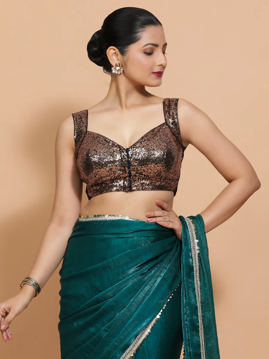 Kashish x Tyohaar | Sleeveless Black & Gold Sequined Saree Blouse with Sweetheart Neck - Image 13