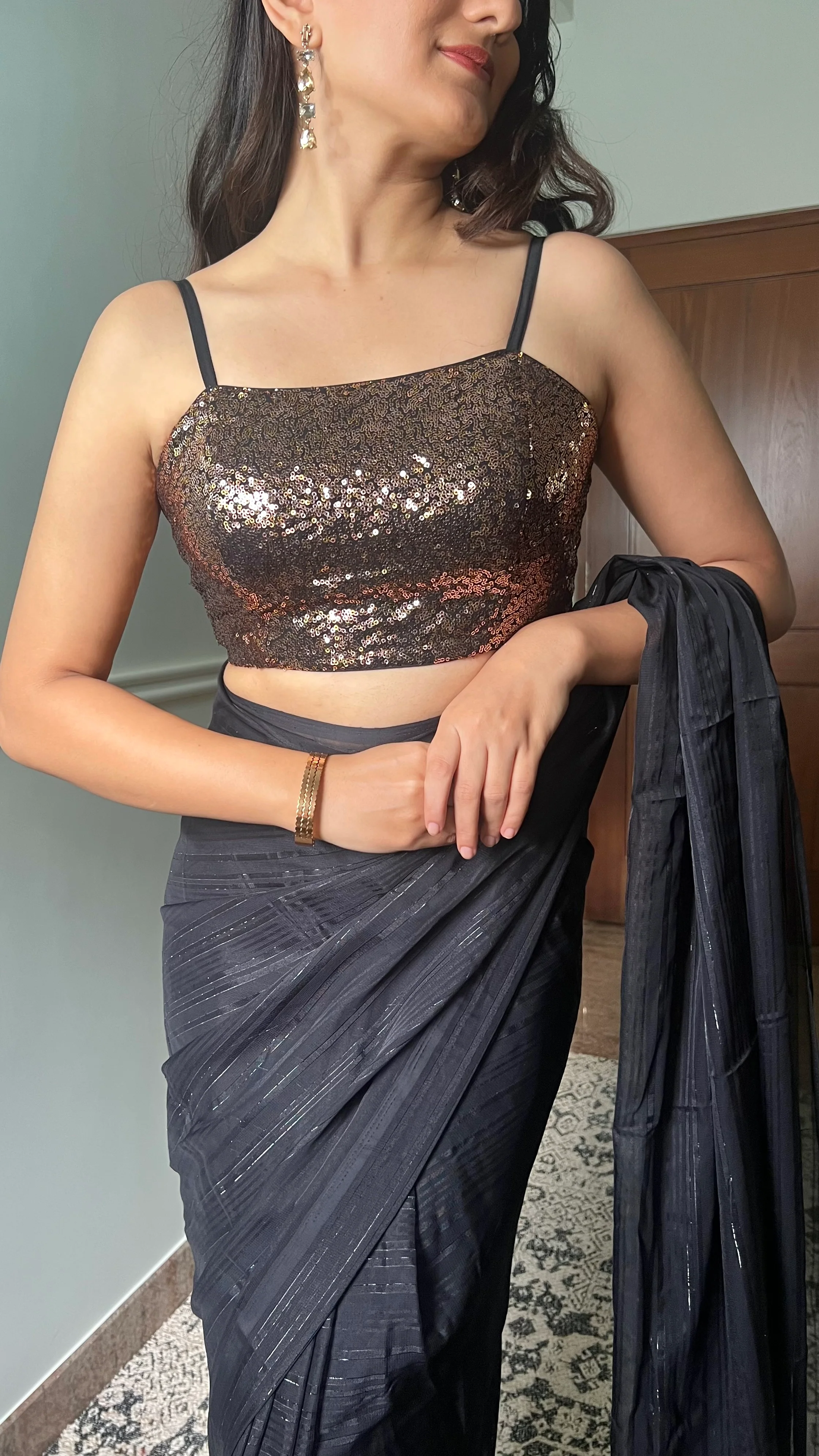 Kesha x Tyohaar | Sleeveless Strappy Black & Gold Sequined Shimmer Saree Blouse