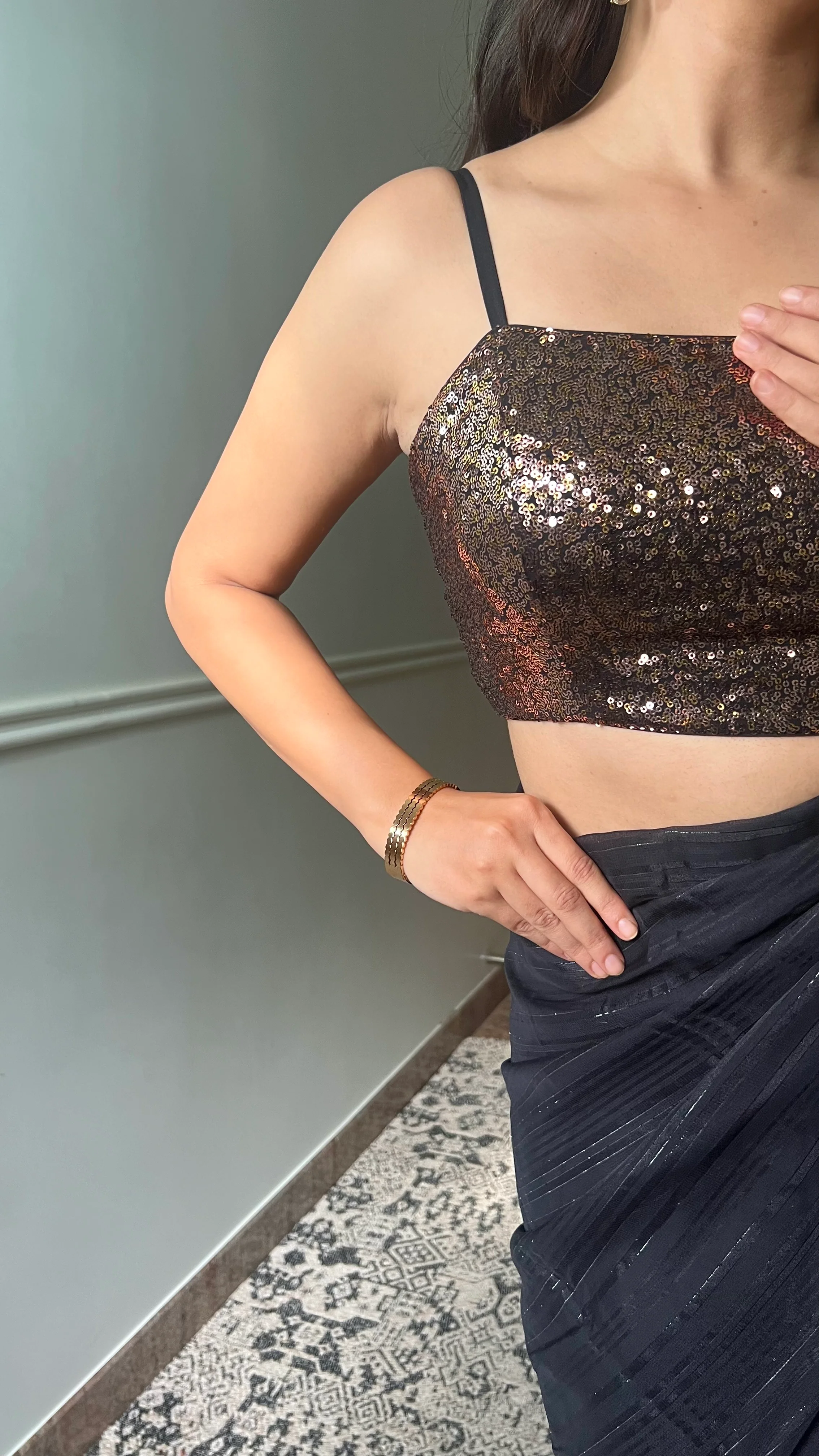 Kesha x Tyohaar | Sleeveless Strappy Black & Gold Sequined Shimmer Saree Blouse - Image 3