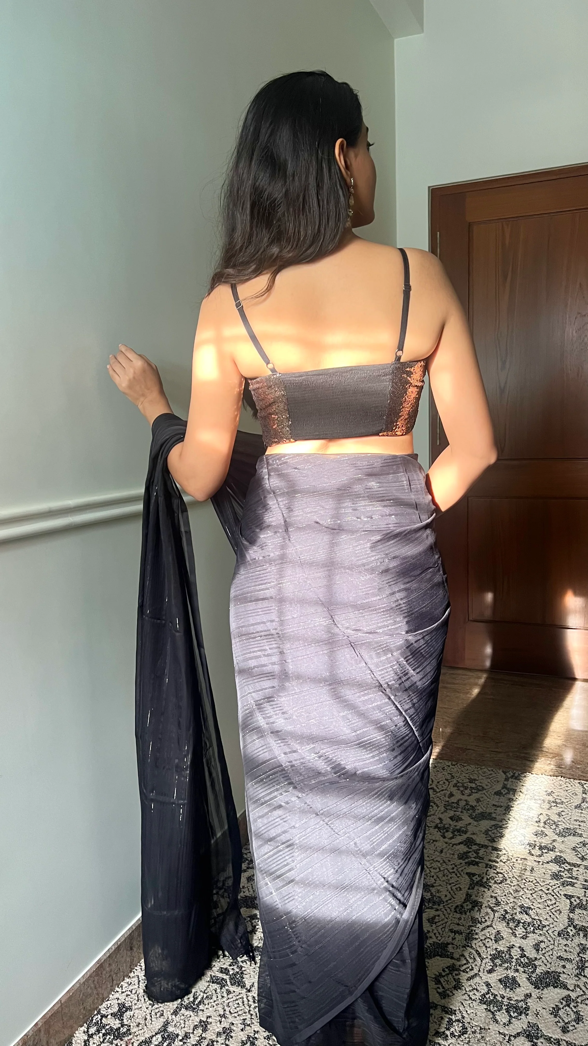 Kesha x Tyohaar | Sleeveless Strappy Black & Gold Sequined Shimmer Saree Blouse - Image 7
