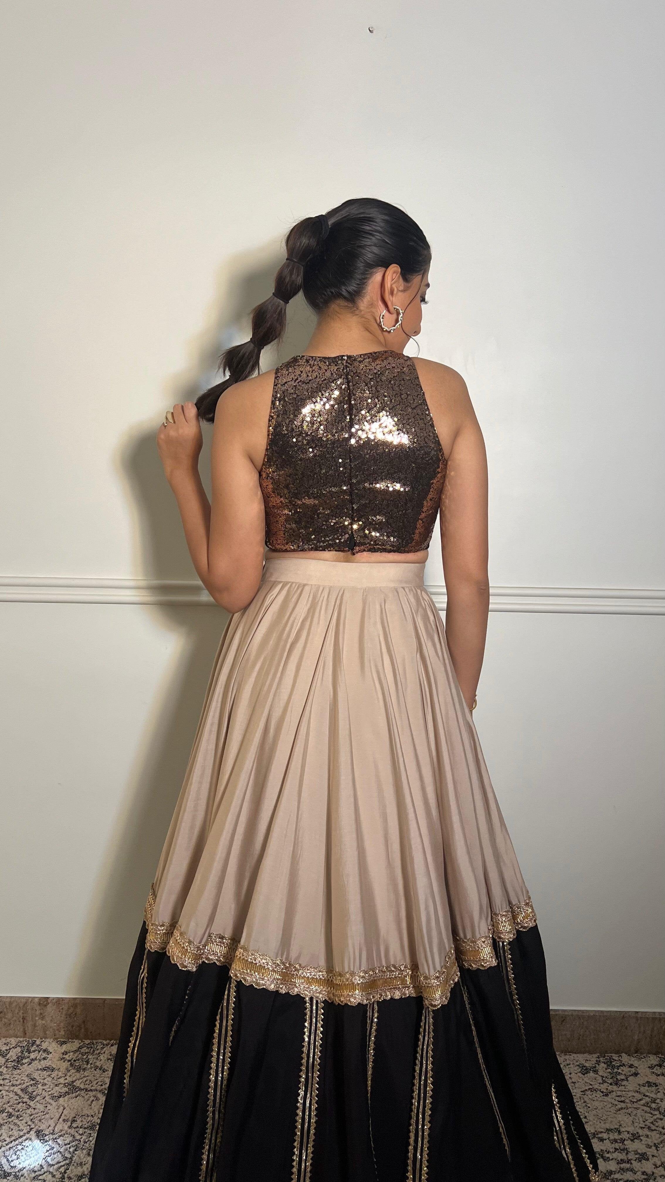 Kiki x Tyohaar | Sleeveless Black & Gold Sequined Saree Blouse with Jewel Neck - Image 12