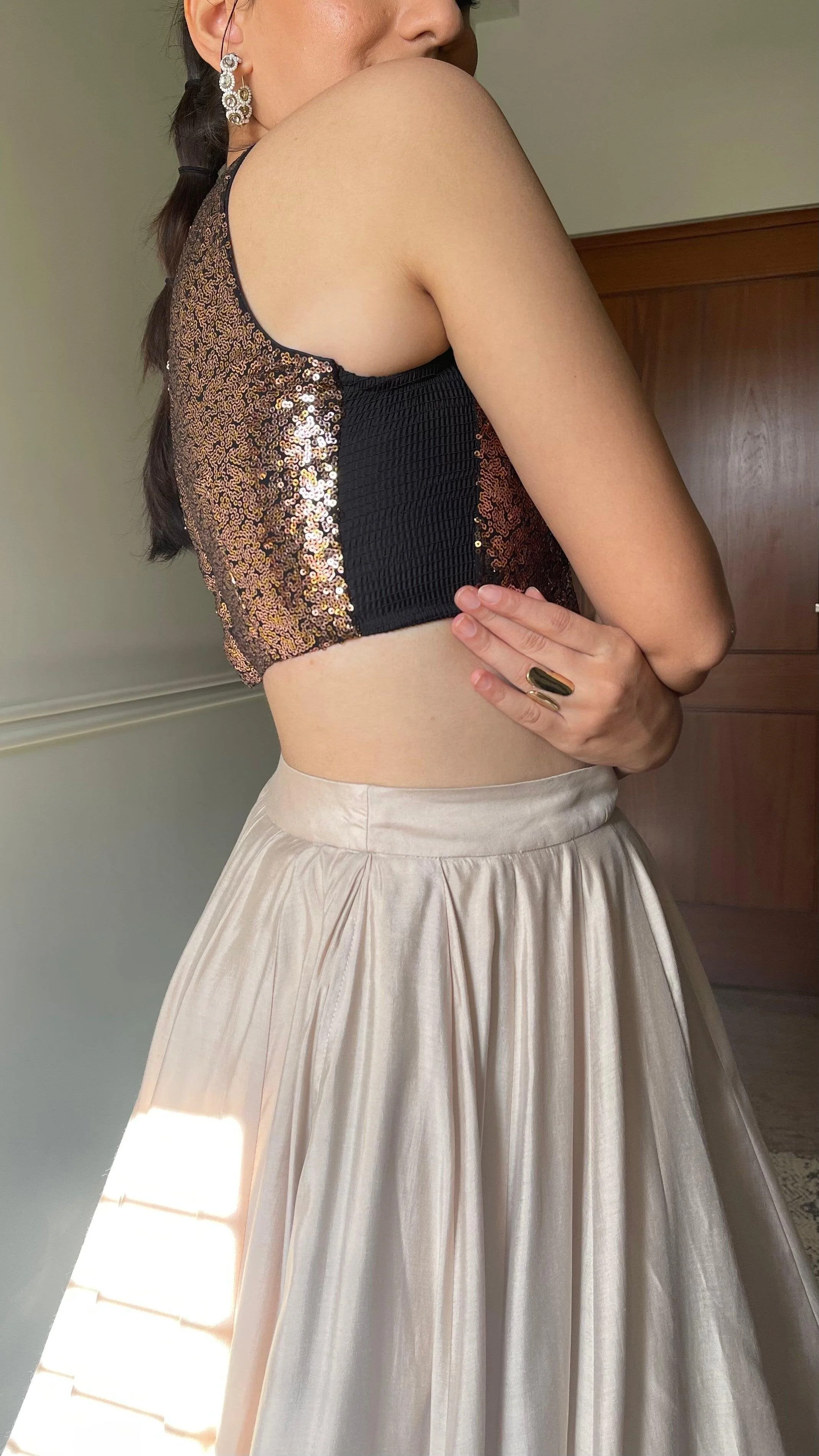 Kiki x Tyohaar | Sleeveless Black & Gold Sequined Saree Blouse with Jewel Neck - Image 2