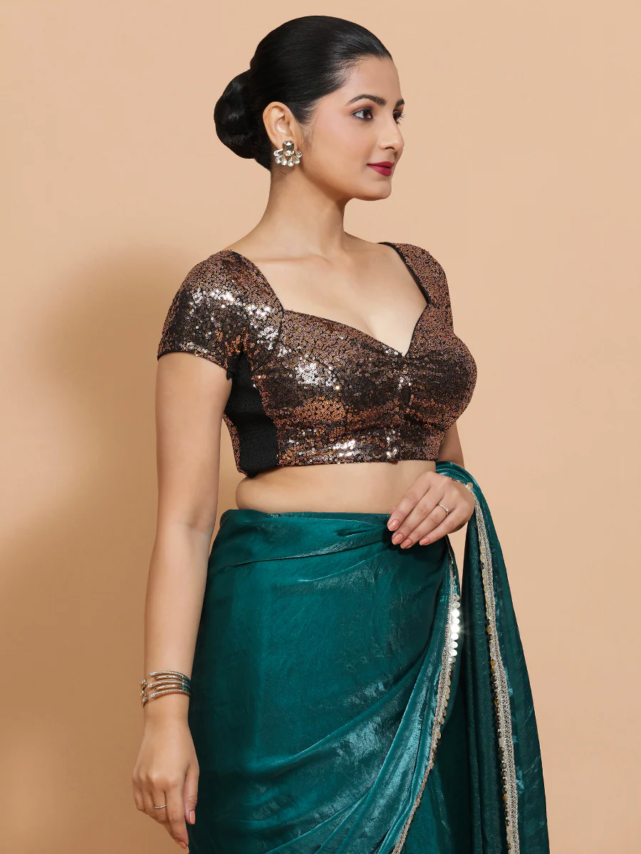 Sakshi x Tyohaar | Cap Sleeves Black & Gold Sequined Saree Blouse with Sweetheart Neck - Image 5