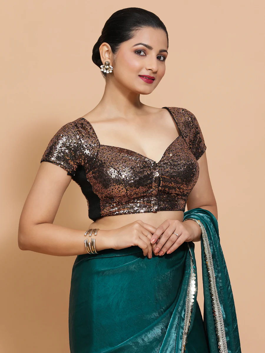 Sakshi x Tyohaar | Cap Sleeves Black & Gold Sequined Saree Blouse with Sweetheart Neck - Image 7