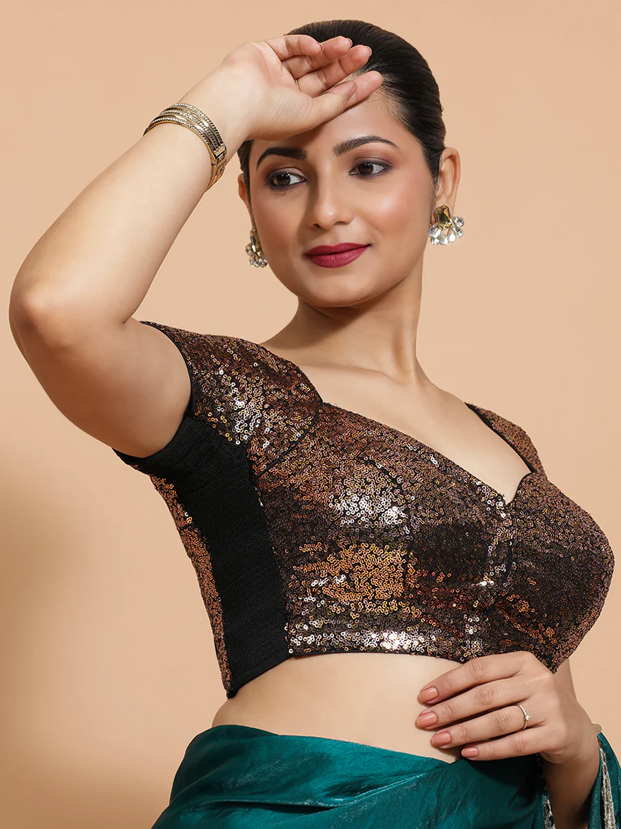 Sakshi x Tyohaar | Cap Sleeves Black & Gold Sequined Saree Blouse with Sweetheart Neck - Image 8