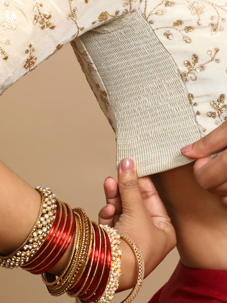 Veda x Tyohaar | Elbow Sleeves Satin Viscose Saree Blouse in Gold Vine Embroidery on Cream Tissue Fabric - Image 4