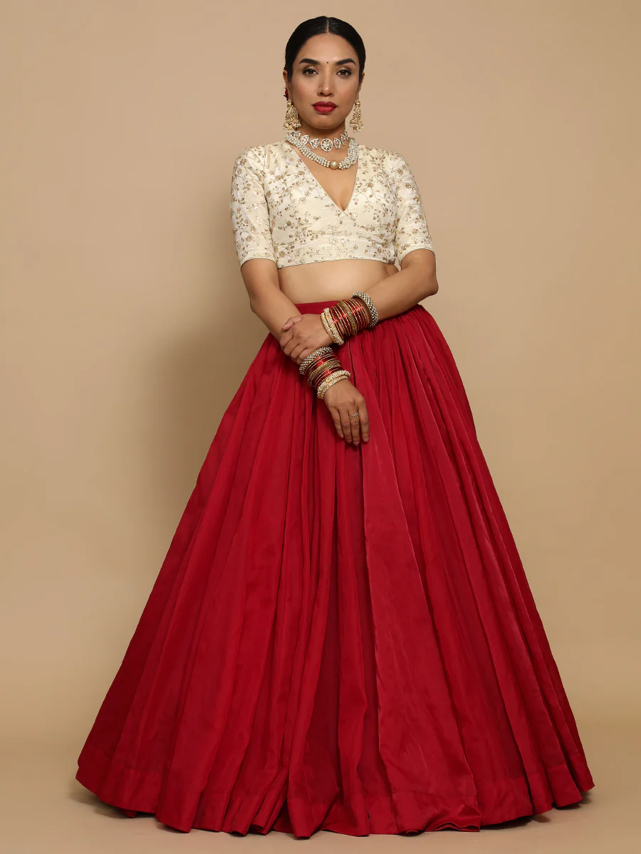 Yasmin x Tyohaar | Elbow Sleeves Satin Viscose Saree Blouse in Gold Vine Embroidery on Cream Tissue Fabric - Image 15