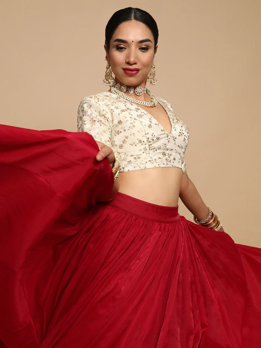 Yasmin x Tyohaar | Elbow Sleeves Satin Viscose Saree Blouse in Gold Vine Embroidery on Cream Tissue Fabric - Image 7
