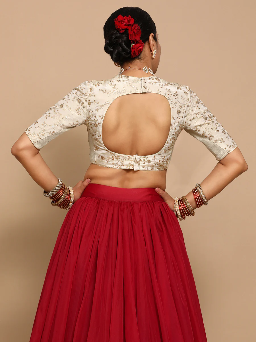 Zeelaf x Tyohaar | Elbow Sleeves Satin Viscose Saree Blouse in Gold Vine Embroidery on Cream Tissue Fabric - Image 6