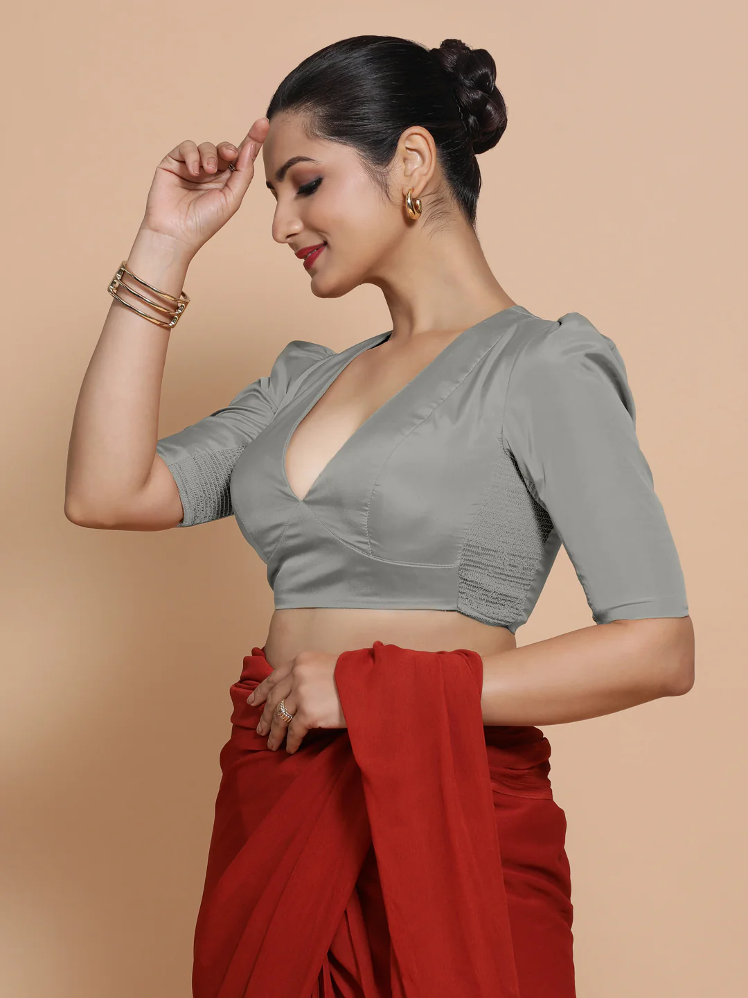 Pavani x Rozaana | Grey Art Silk Saree Blouse - Image 4