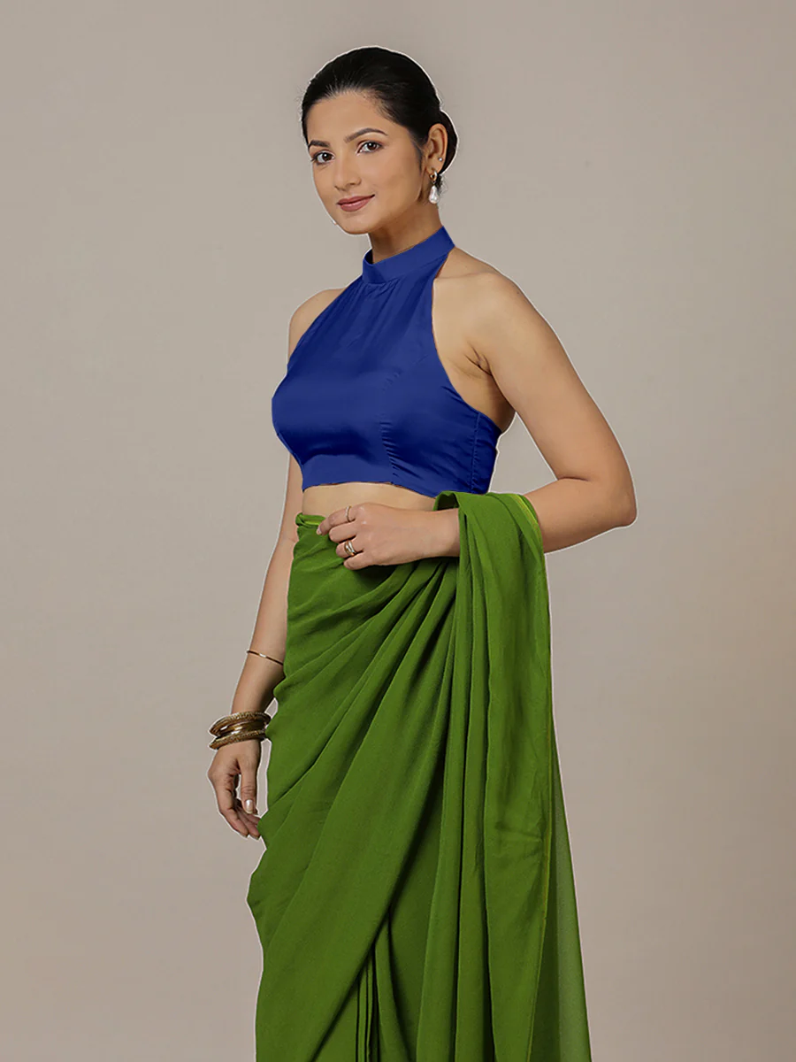 Laila x Rozaana | Cobalt Blue Halter Neck Saree Blouse w/ FlexiFit™ - Image 6