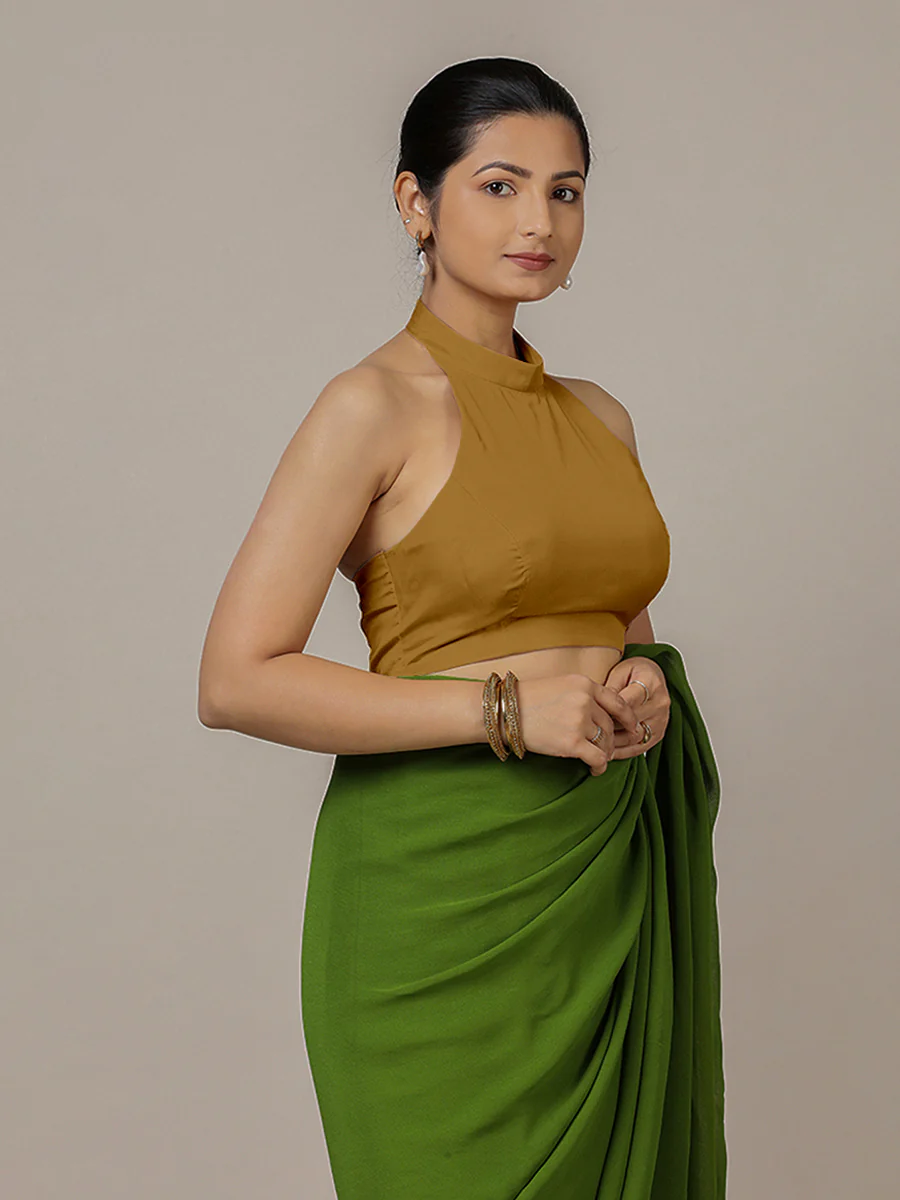 Laila x Rozaana | Bronze Gold Halter Neck Saree Blouse w/ FlexiFit™ - Image 6