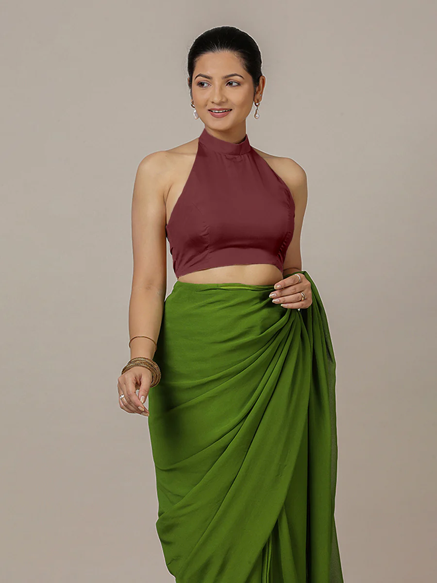 Laila x Rozaana | Burgundy Halter Neck Saree Blouse w/ FlexiFit™ - Image 4
