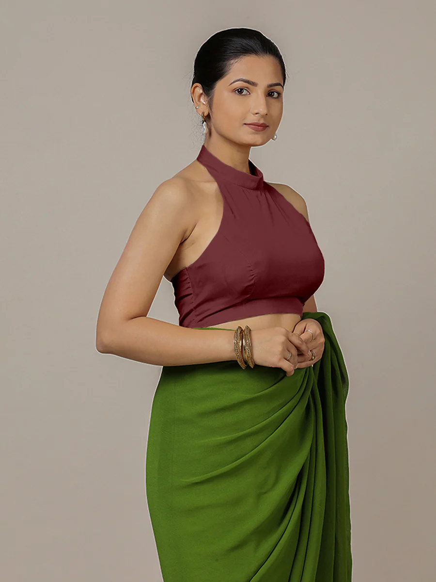 Laila x Rozaana | Burgundy Halter Neck Saree Blouse w/ FlexiFit™ - Image 6