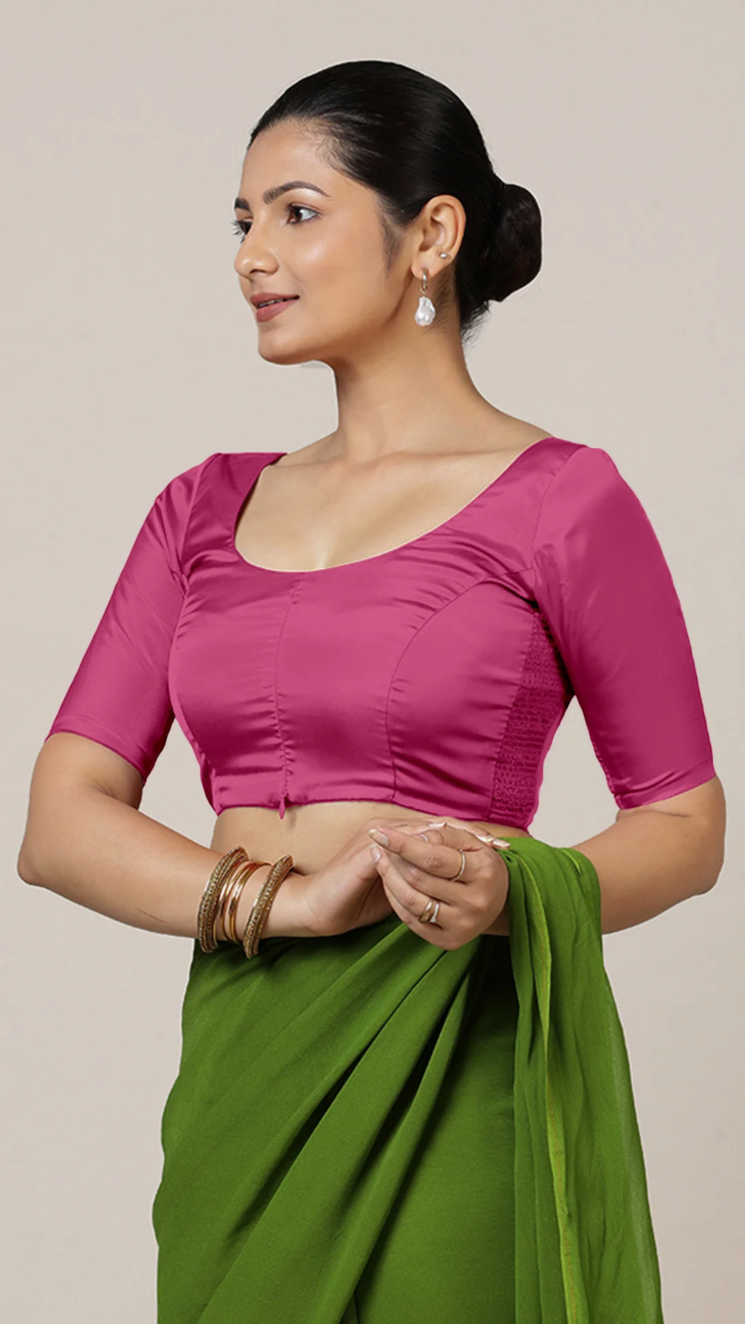 Anisha x Rozaana | Elbow Sleeves Hot Pink FlexiFit™ Saree Blouse with Round Neck - Image 8