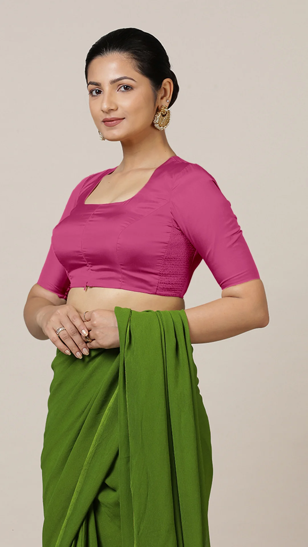 Aziza x Rozaana | Elbow Sleeves Hot Pink FlexiFit™ Saree Blouse with Square Neck - Image 8