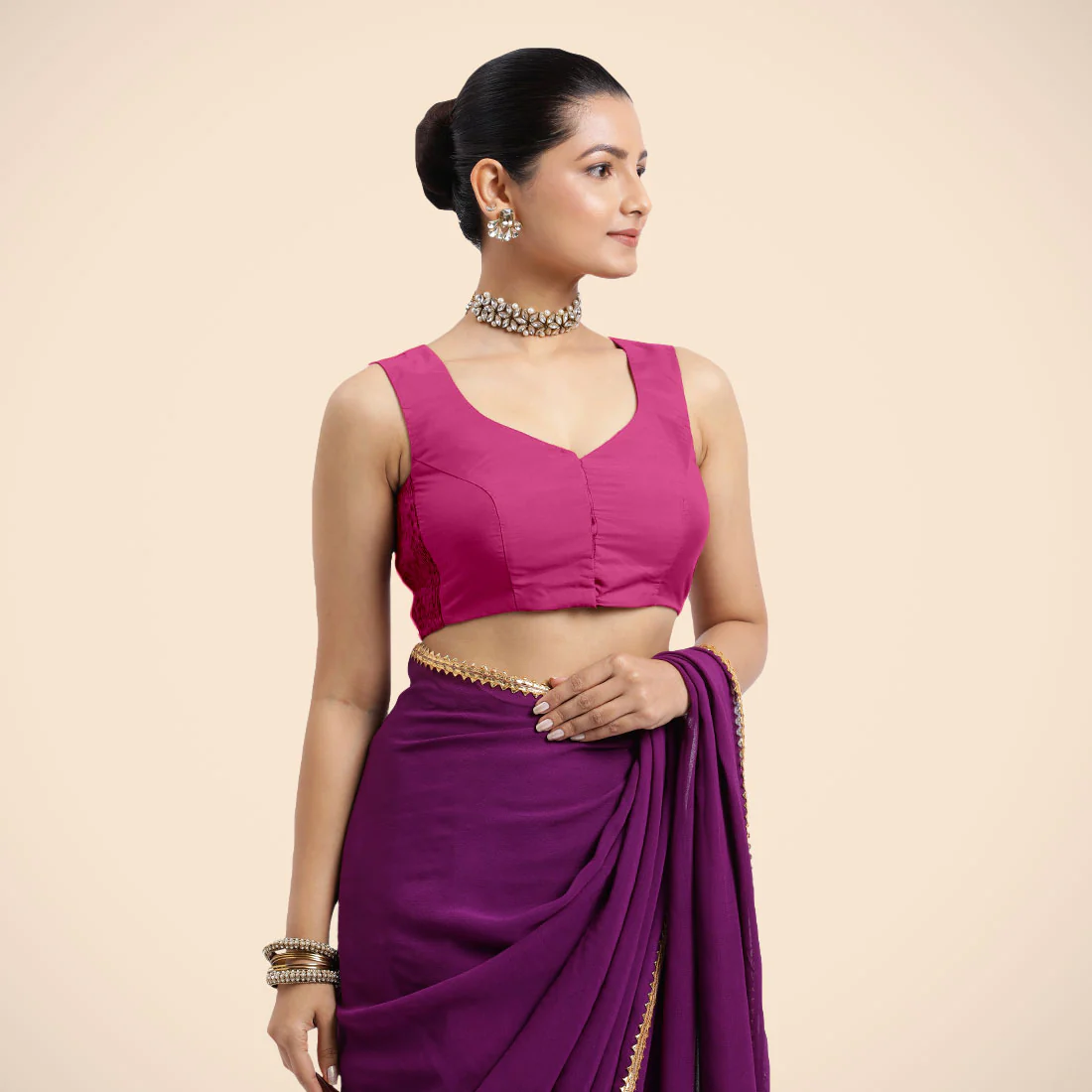 Nazia x Rozaana | Sleeveless Hot Pink FlexiFit™ Saree Blouse with Curved V-Neck - Image 6