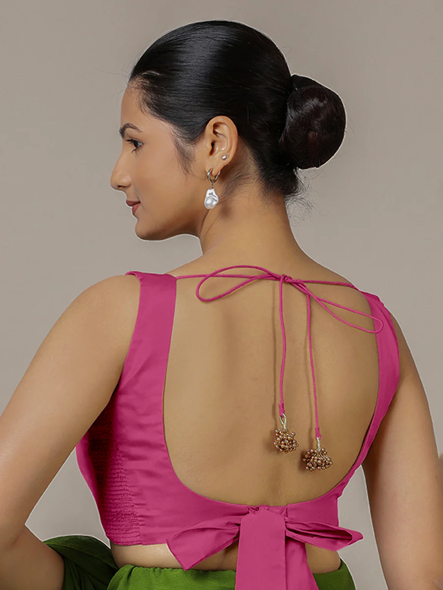 Raisa x Rozaana | Sleeveless Hot Pink FlexiFit™ Saree Blouse with Curved V-Neck - Image 2