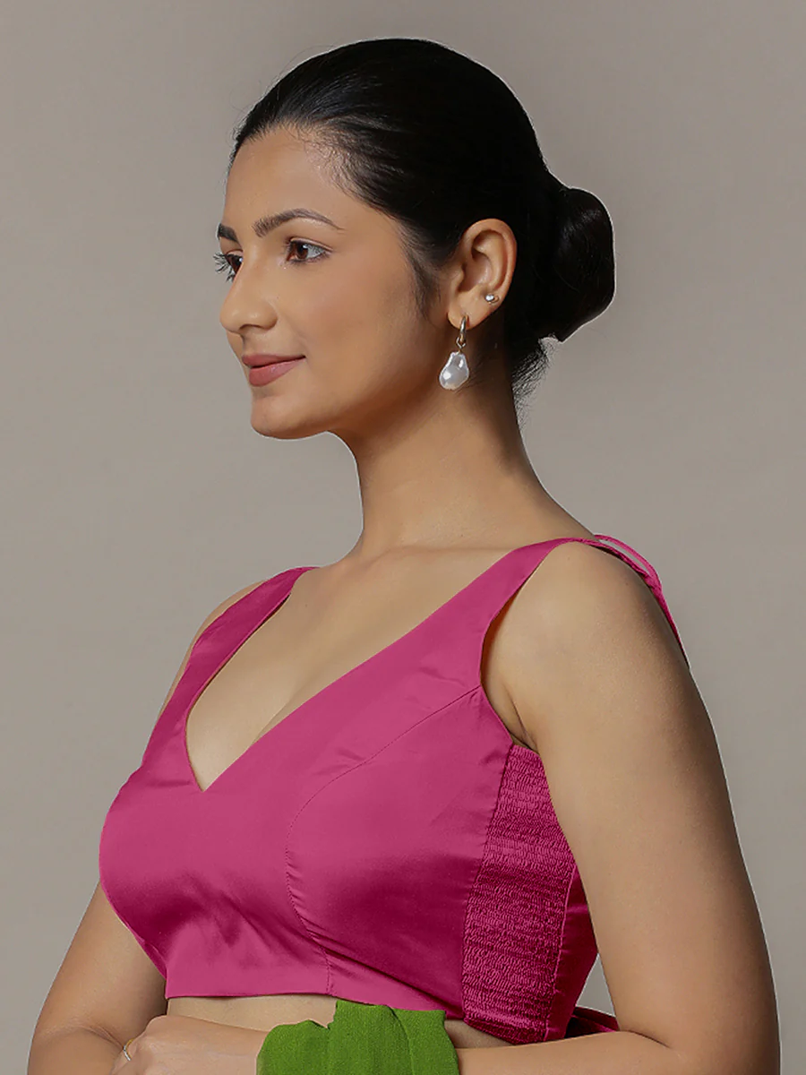 Raisa x Rozaana | Sleeveless Hot Pink FlexiFit™ Saree Blouse with Curved V-Neck - Image 4