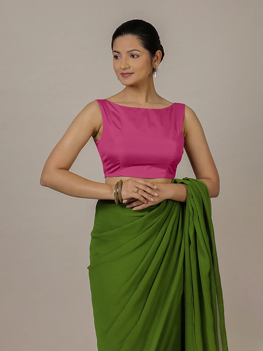 Sherry x Rozaana | Sleeveless Hot Pink FlexiFit™ Saree Blouse with Boat Neck