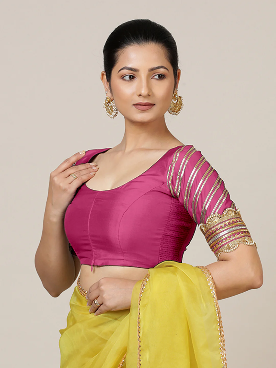 Anisha x Tyohaar | Elbow Sleeves Hot Pink FlexiFit™ Gota Embellished Saree Blouse with Round Neck - Image 9
