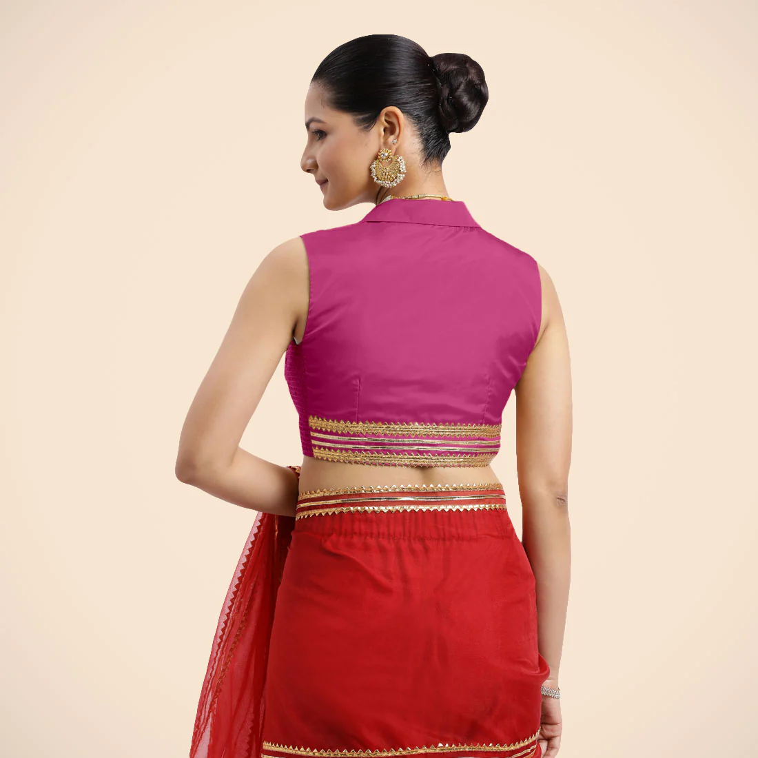 Avni x Tyohaar | Sleeveless Hot Pink FlexiFit™ Gota Embellished Saree Blouse with Shawl Neck - Image 2