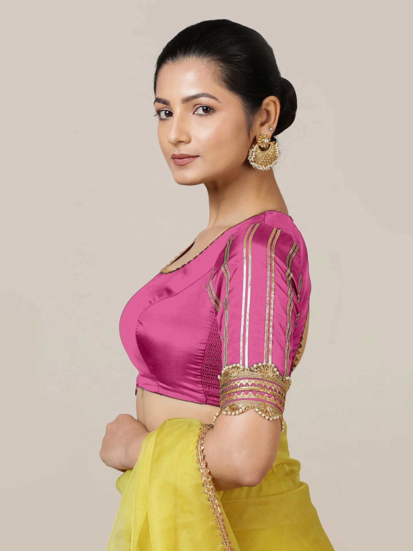 Aziza x Tyohaar | Elbow Sleeves Hot Pink FlexiFit™ Gota Embellished Saree Blouse with Square Neck - Image 6