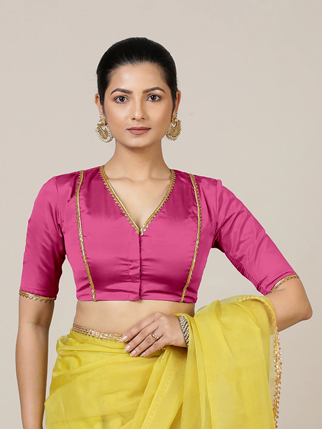 Begum x Tyohaar | Elbow Sleeves Hot Pink FlexiFit™ Gota Embellished Saree Blouse with V-Neck - Image 6