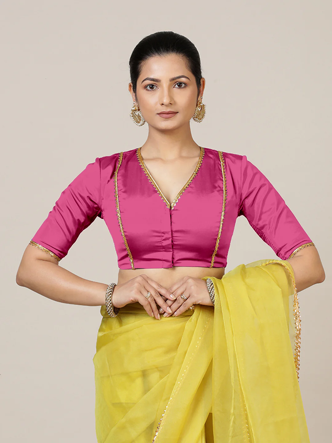 Begum x Tyohaar | Elbow Sleeves Hot Pink FlexiFit™ Gota Embellished Saree Blouse with V-Neck - Image 9