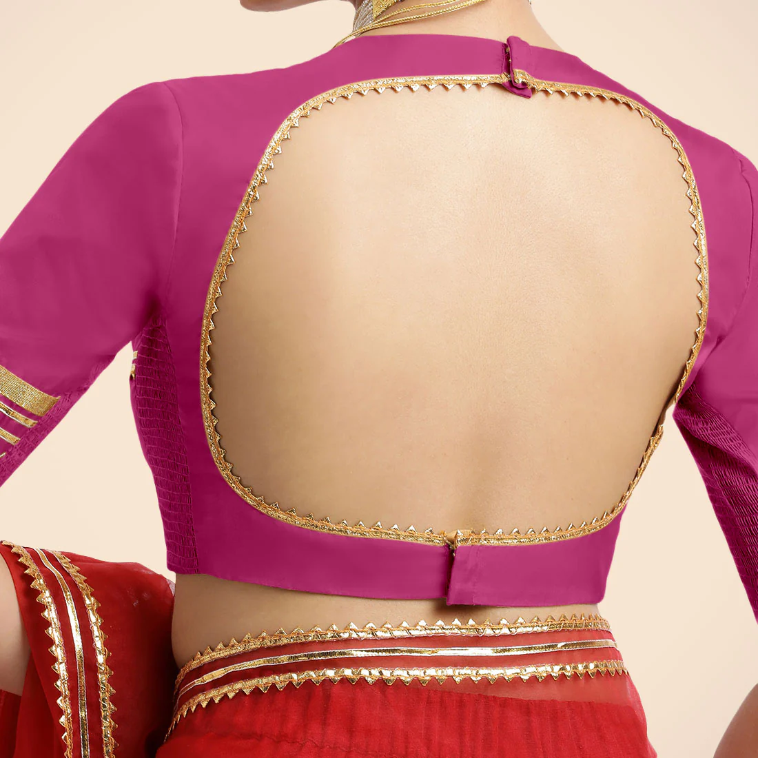Farheen x Tyohaar | Elbow Sleeves Hot Pink FlexiFit™ Gota Embellished Saree Blouse with Jewel Neck - Image 10
