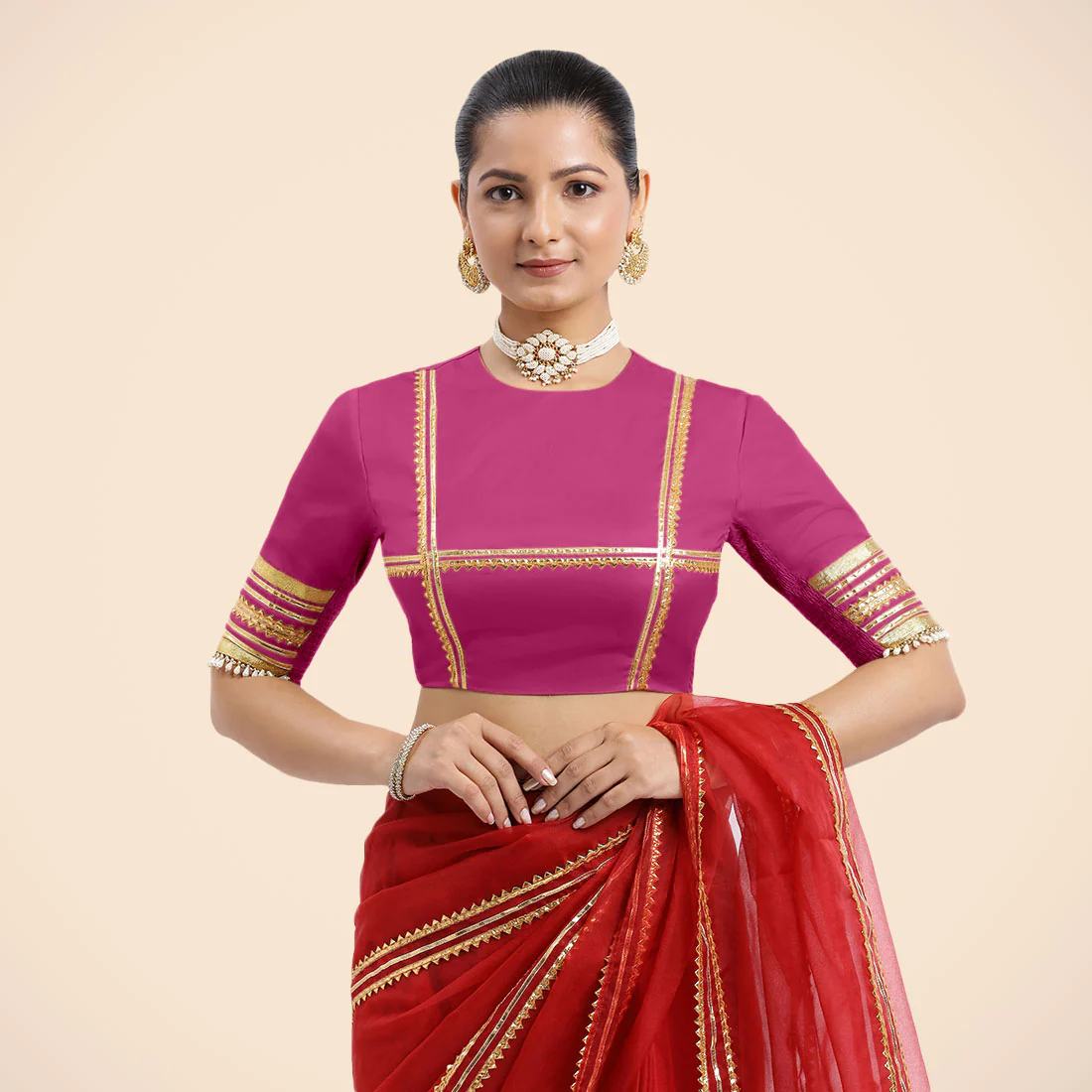 Farheen x Tyohaar | Elbow Sleeves Hot Pink FlexiFit™ Gota Embellished Saree Blouse with Jewel Neck - Image 2