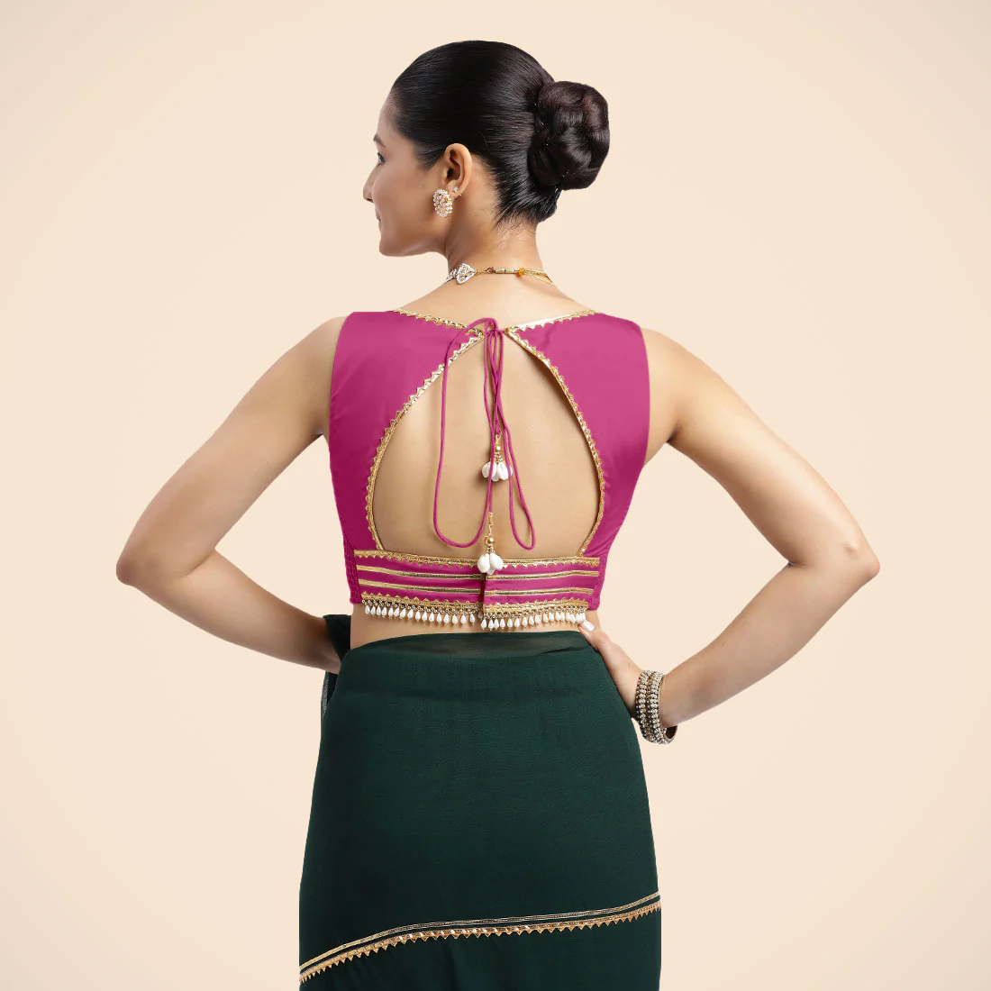 Ishika x Tyohaar | Sleeveless Hot Pink FlexiFit™ Gota Embellished Saree Blouse with Sweetheart Neck - Image 2