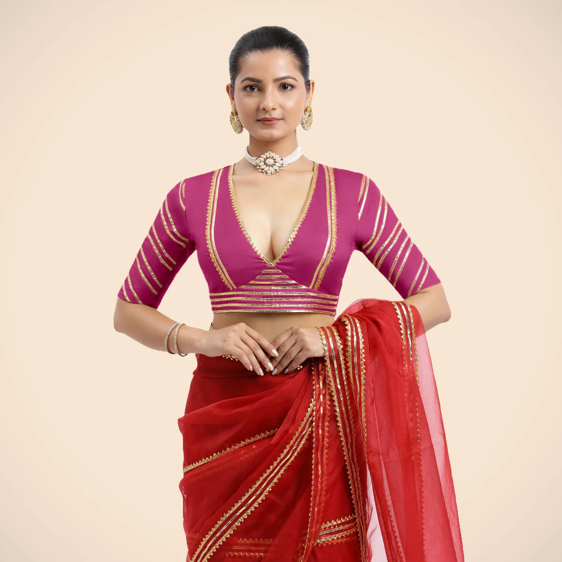 Navya x Tyohaar | Elbow Sleeves Hot Pink FlexiFit™ Gota Embellished Saree Blouse with Plunging V-Neck