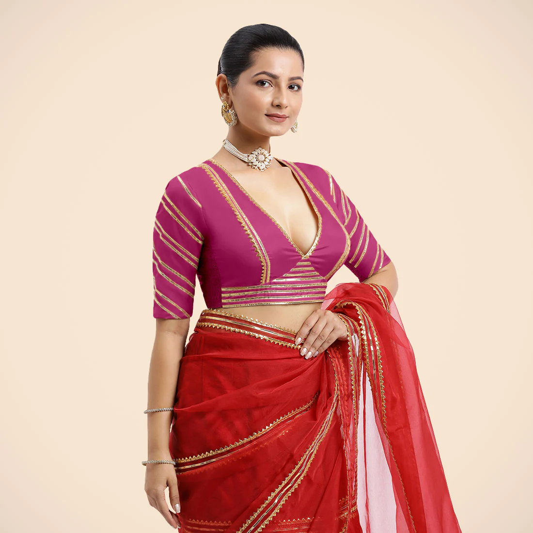 Navya x Tyohaar | Elbow Sleeves Hot Pink FlexiFit™ Gota Embellished Saree Blouse with Plunging V-Neck - Image 11
