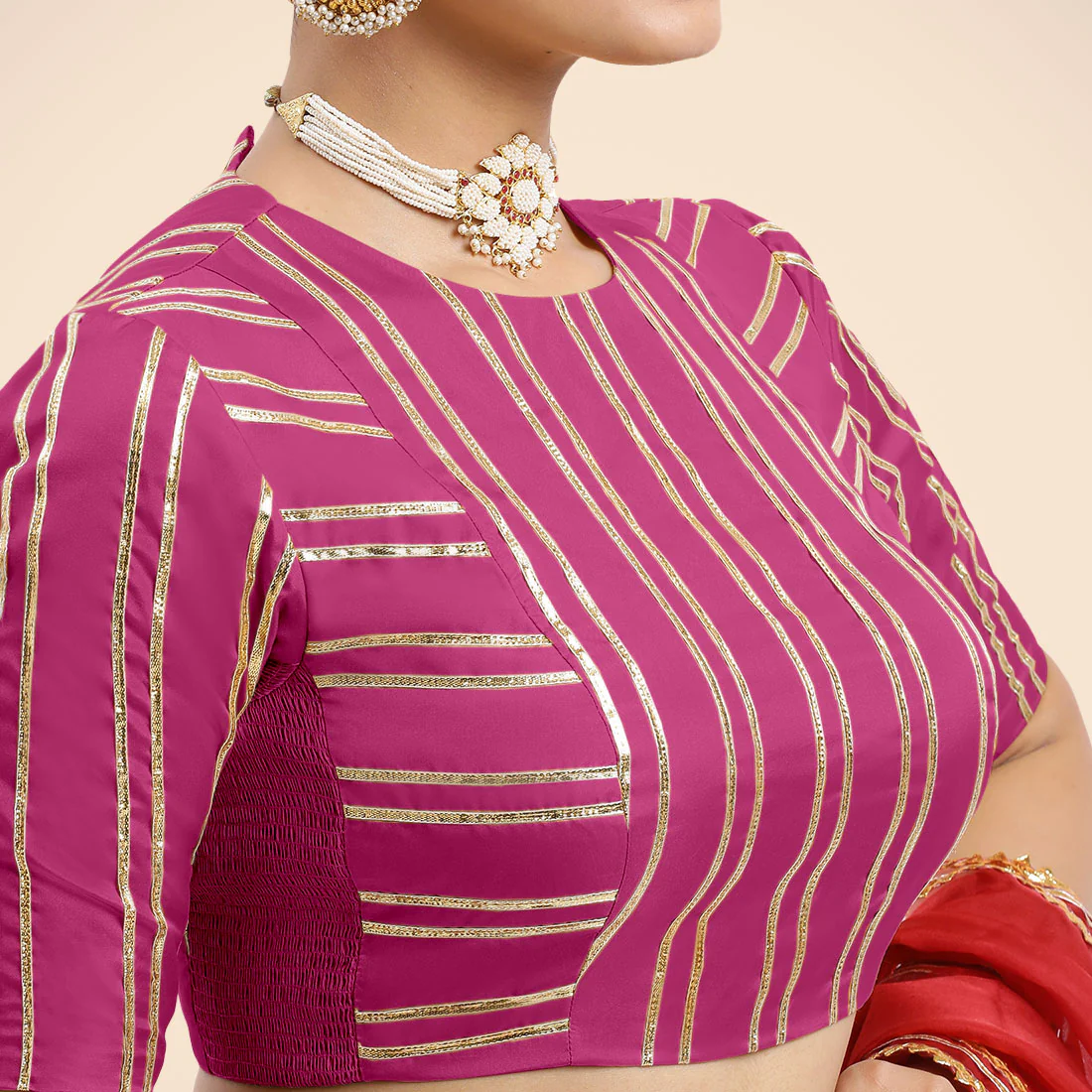 Shaheen x Tyohaar | Elbow Sleeves Hot Pink FlexiFit™ Gota Embellished Saree Blouse with Jewel Neck - Image 8