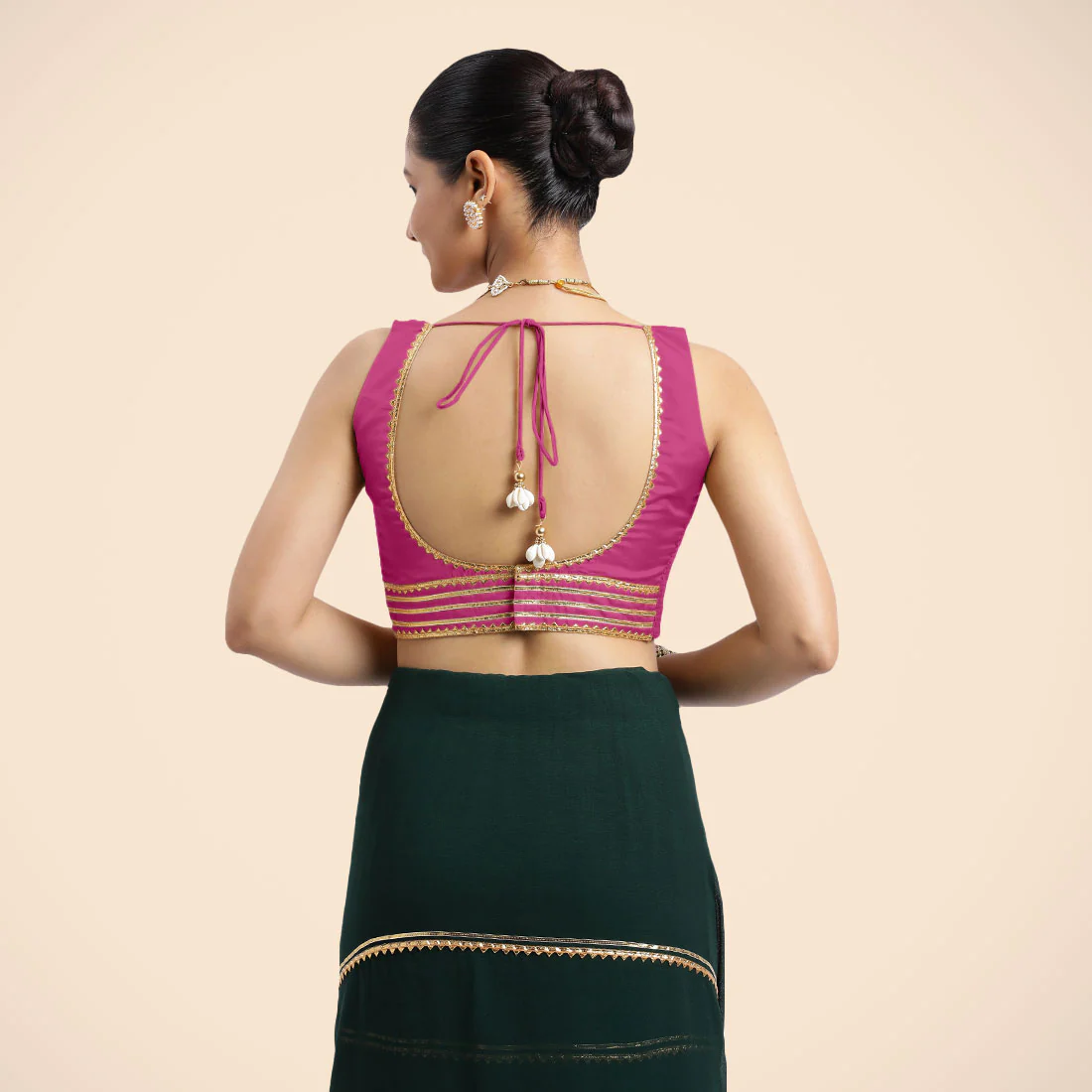 Tanvi x Tyohaar | Sleeveless Hot Pink FlexiFit™ Gota Embellished Saree Blouse with Square Neck - Image 10