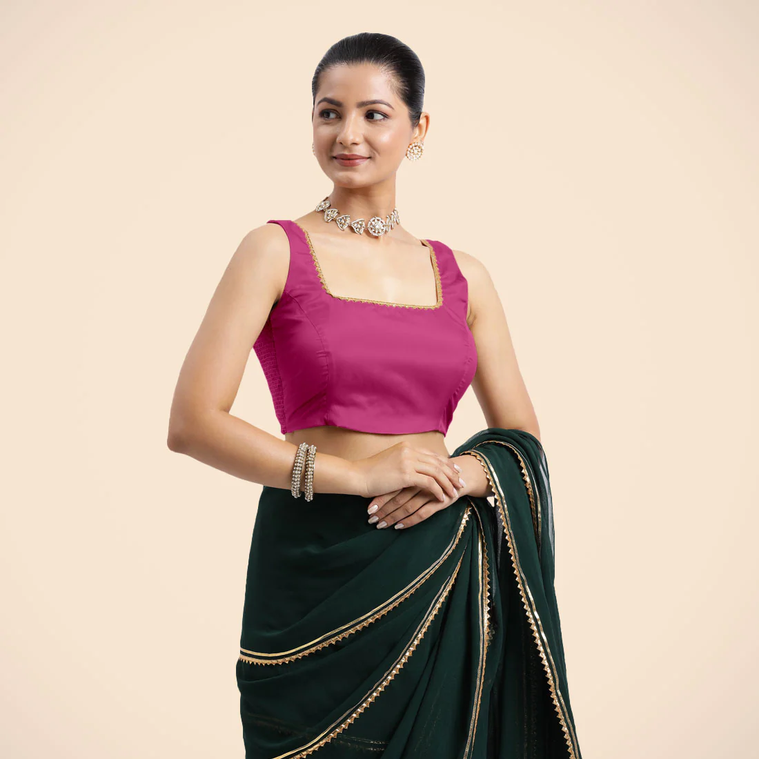 Tanvi x Tyohaar | Sleeveless Hot Pink FlexiFit™ Gota Embellished Saree Blouse with Square Neck - Image 6