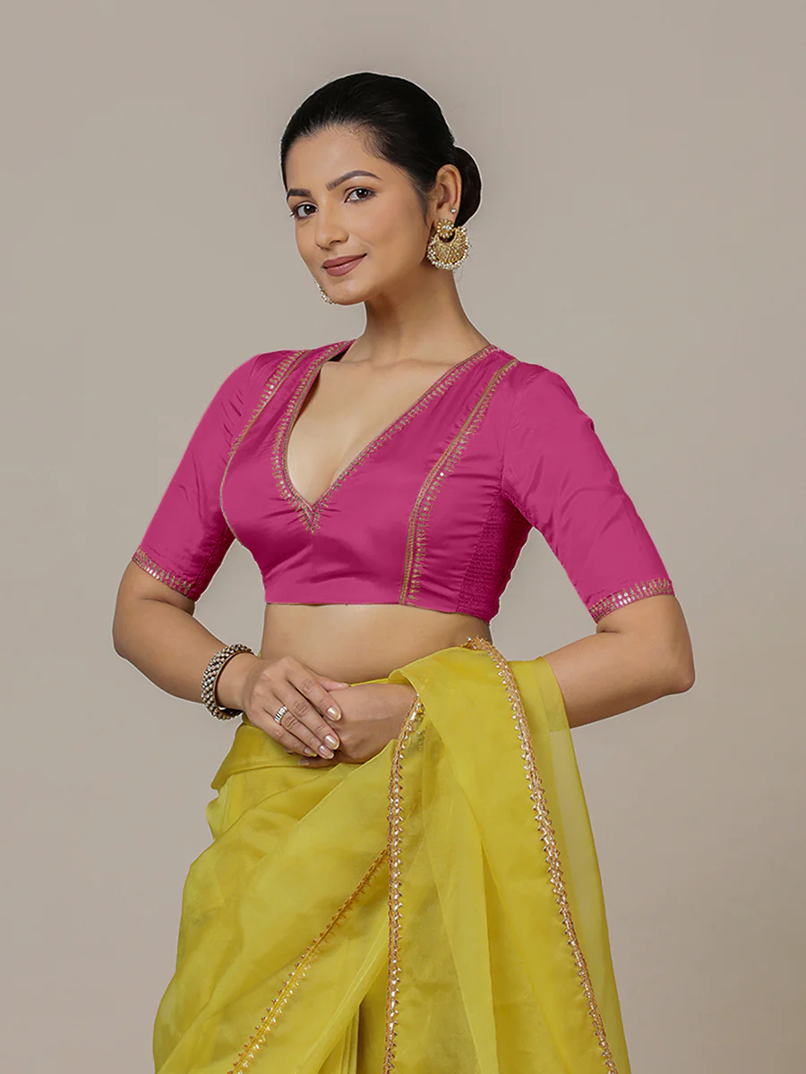 Zohra x Luxe | Elbow Sleeves Hot Pink FlexiFit™ Hand Embroidered Saree Blouse with V-Neck - Image 9