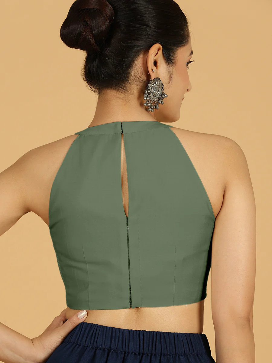 Zubeida x Rozaana | Hunter Green Sleeveless Halter Neck Saree Blouse - Image 2