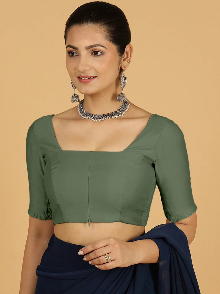Nihira x Rozaana | Elbow Sleeves Saree Blouse in Hunter Green - Image 10