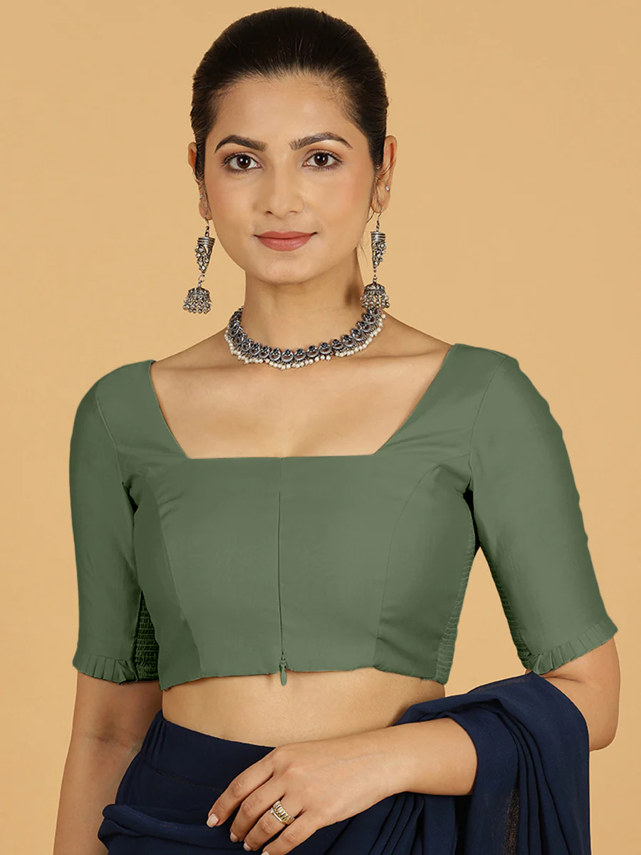 Nihira x Rozaana | Elbow Sleeves Saree Blouse in Hunter Green - Image 11